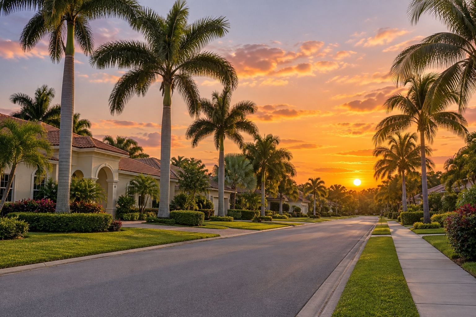 A Delray Beach residential street at sunset, illustrative